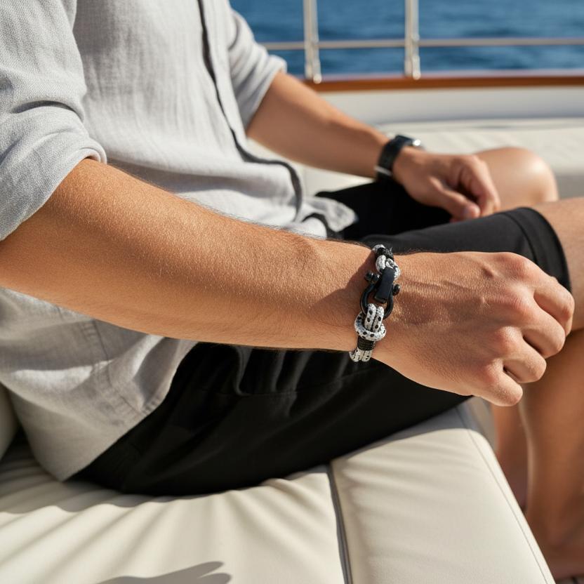 CAPTAIN 4mm Nautical Clasp Bracelet - Grey Mix Black