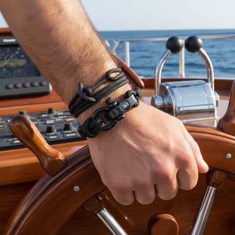 Hand wearing a black bracelet on a boat with ocean view