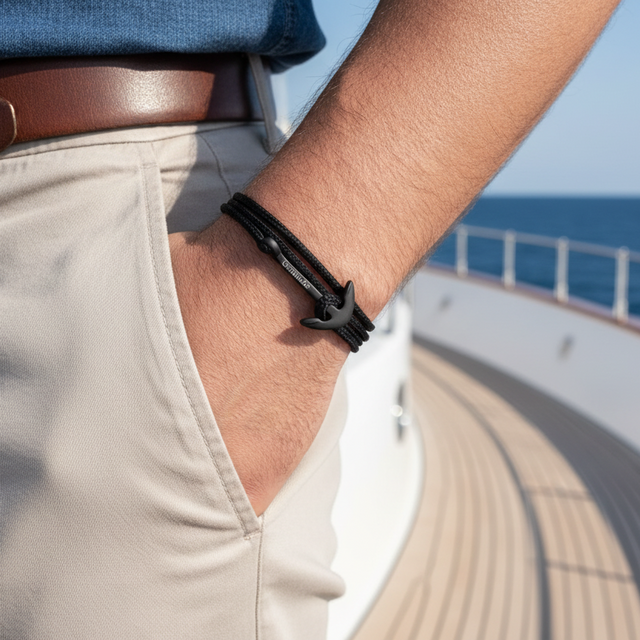 YACHT CREW mittelgroßes Ankerarmband schwarz
