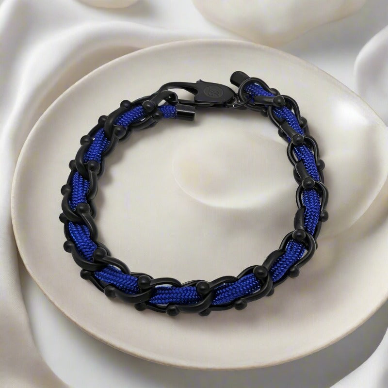 Bracelet necklace sterling 925 fish outlets hook on genuine braided dark blue leather unisex. Nautical bracelet. Sailing gift. Maritime bracelet.