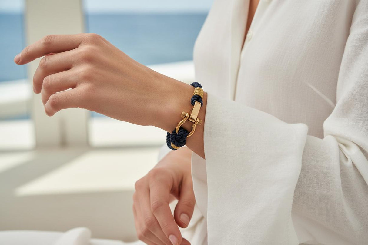 WAVES 4mm Nautical Clasp Bracelet Navy Blue Gold