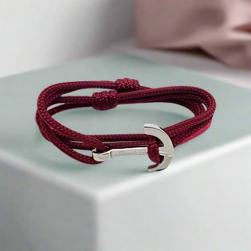 925 Silver Burgundy Red Nautical Sailing Knot Cord Surfing Bracelet | Personalized | Custom Men Present | selling Adjustable Size | Boyfriend Gift