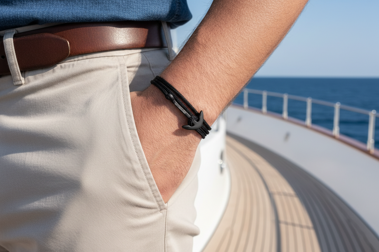 YACHT CREW mittelgroßes Ankerarmband schwarz